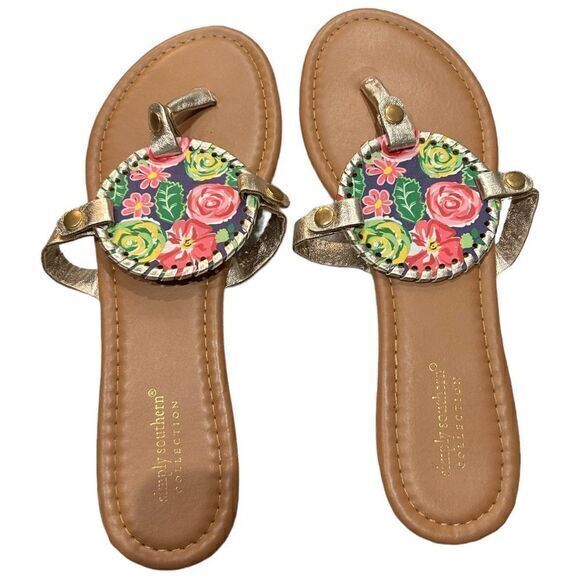 Simply Southern Leather Flat‎ Flip Flop Sandals Multicolor Floral Print Size 10 - Picture 3 of 5